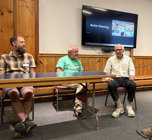 OH Bill Hoffman (Zool '48-'52)  regales us with stories from Zealand and the raid item, Daid Head. James Wrigley and Chris Thayer look on. 